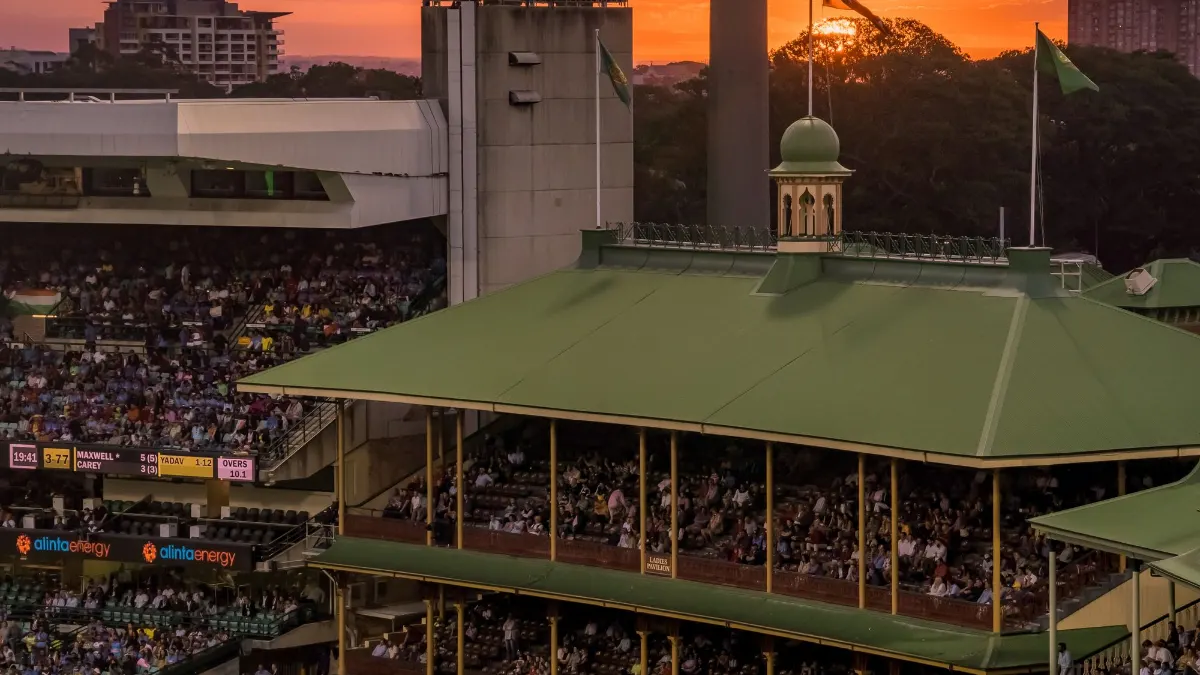 Cricket stadium at sunset